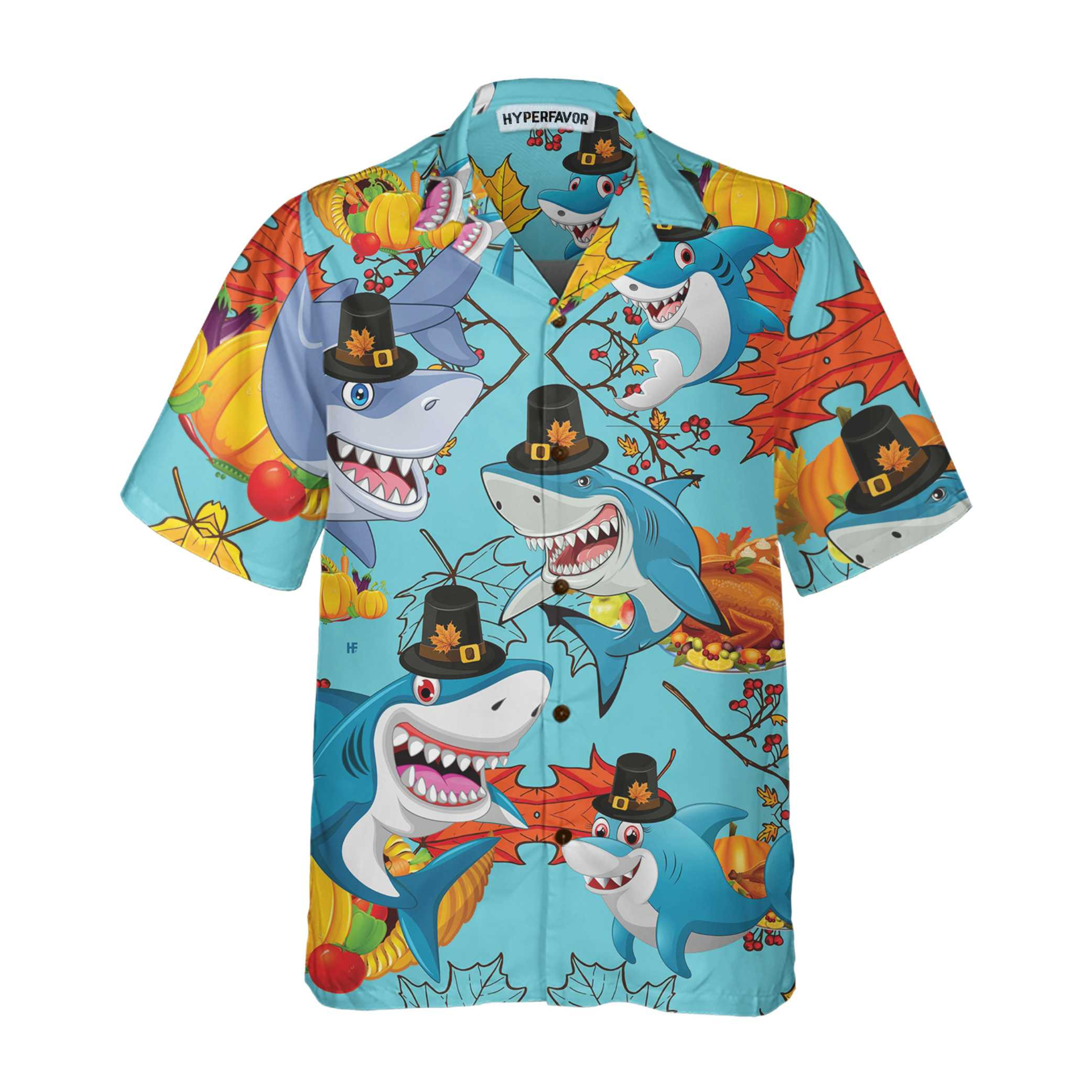 Thanksgiving Sharks Wearing Pilgrim Hat Hawaiian Shirt, Funny Thanksgiving Shirt, Gift For Thanksgiving Day
