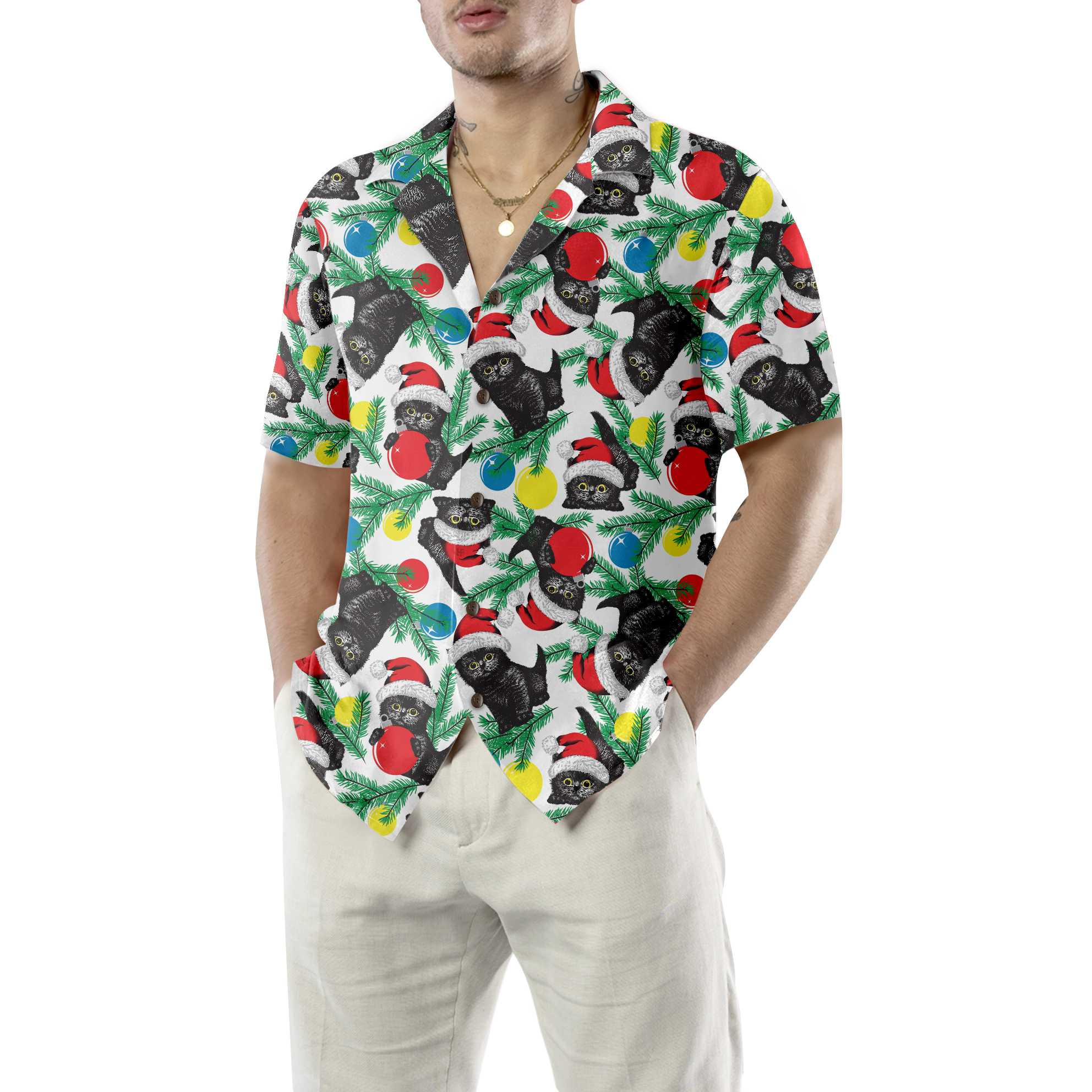 Black Kitten Wearing Santa Hat Hawaiian Shirt, Funny Christmas Cat Shirt