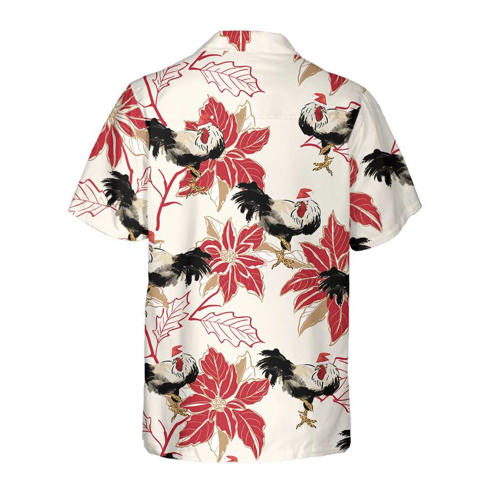Christmas Rooster And Poinsettia Hawaiian Shirt, Unique Chicken Shirt For Men & Women, Best Christmas Gift
