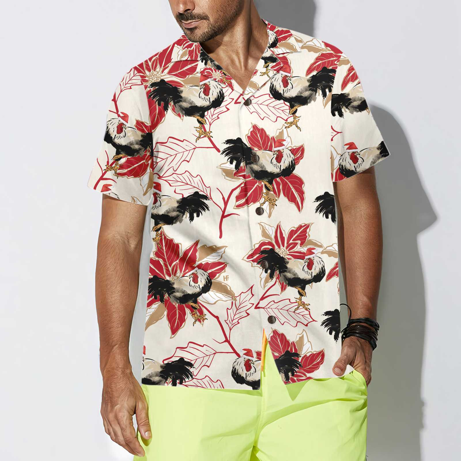 Christmas Rooster And Poinsettia Hawaiian Shirt, Unique Chicken Shirt For Men & Women, Best Christmas Gift