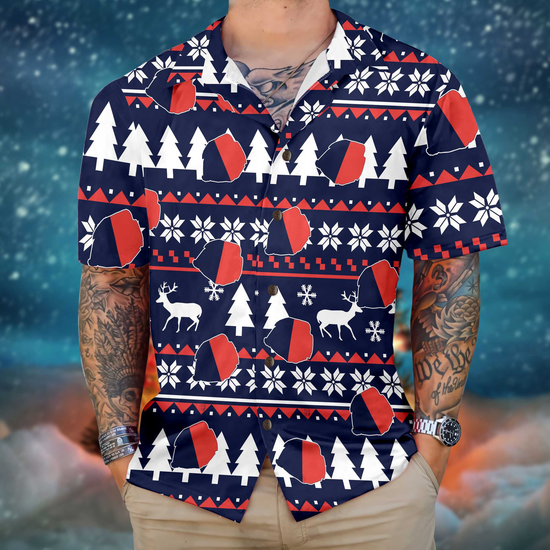 Paris Ugly Christmas Pattern Hawaiian Shirt, French Flag Christmas Shirt For Men