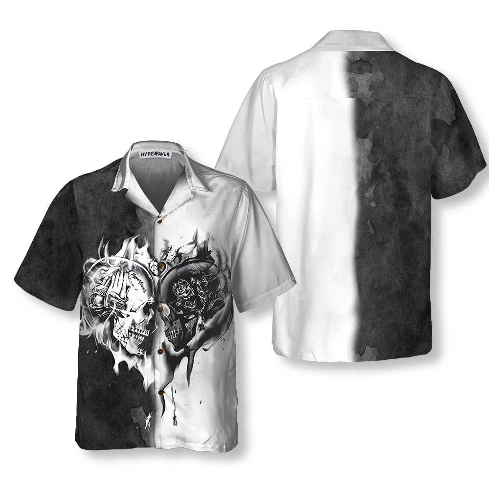 Skull Heart Flame Hawaiian Shirt, Black And White Skull Shirt For Men and Women