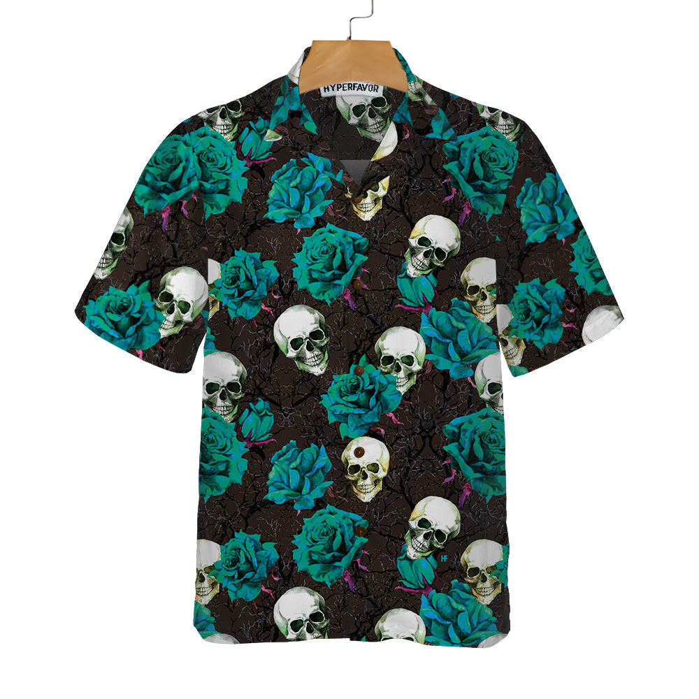 Skulls & Rose Branches Hawaiian Shirt, Blue Roses And Gothic Skull Shirt For Men And Women