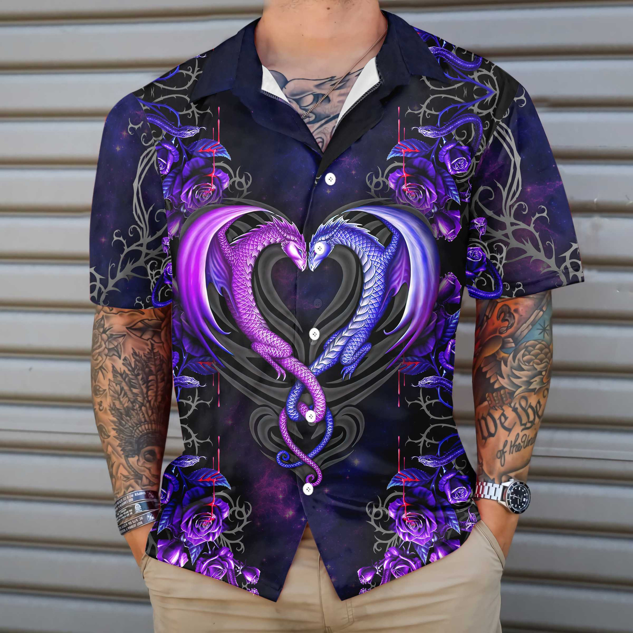 Dragons & The Love Flower Hawaiian Shirt, Unique Shirt With Dragon Couple And Roses