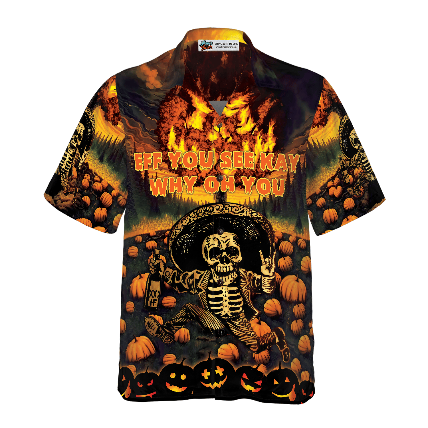 The Burning Pumpkin Sky & Skeleton Halloween Hawaiian Shirt, Halloween Shirt For Men And Women