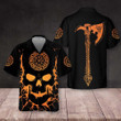 Viking Skull With Backbone Axe Hawaiian Shirt, Cool Orange Pattern Black Skull Shirt