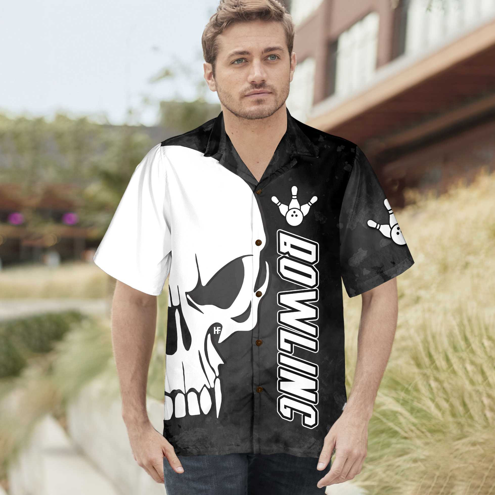Skull Bowling Hawaiian Shirt, Black And White Bowling Shirt, Best Gift For Bowling Players