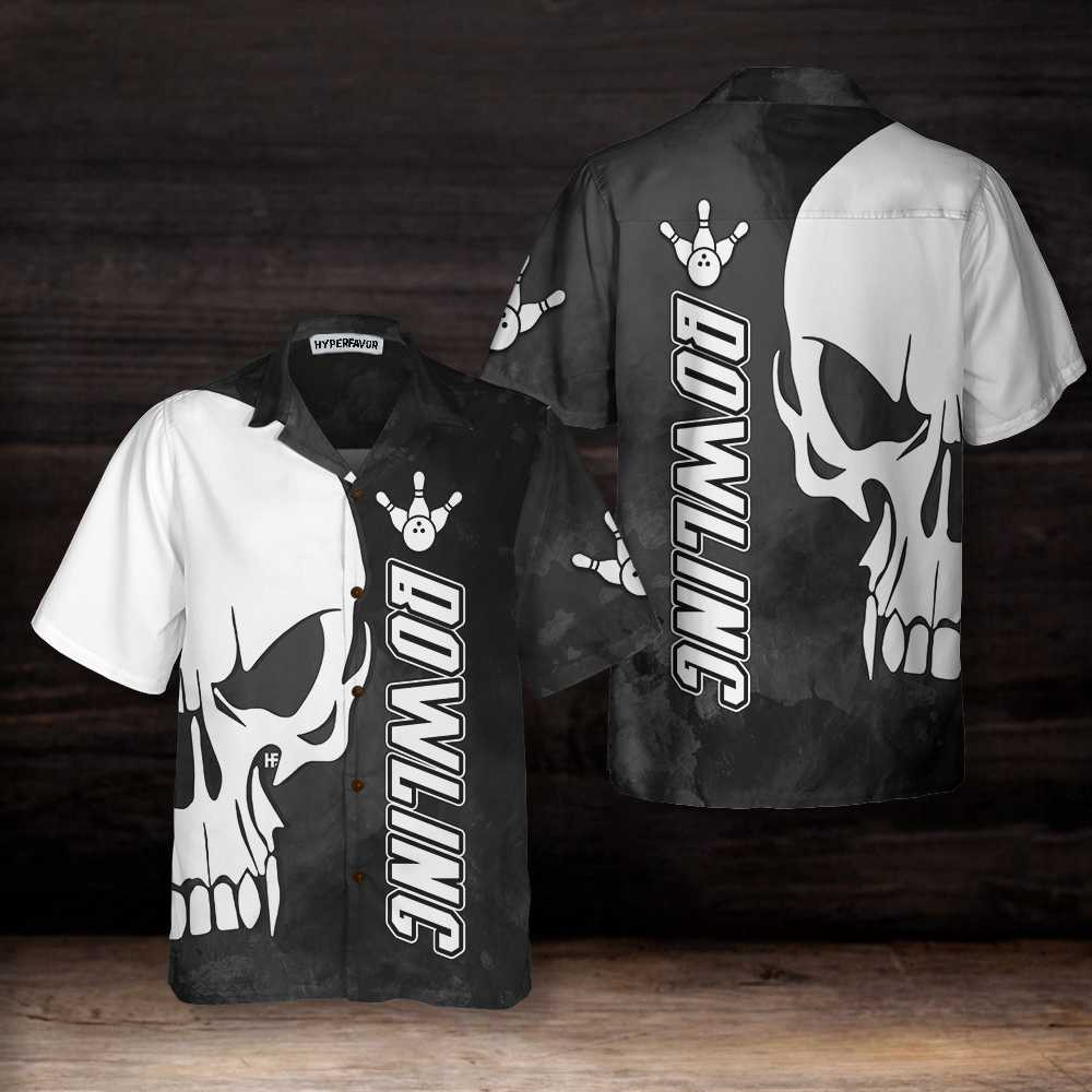 Skull Bowling Hawaiian Shirt, Black And White Bowling Shirt, Best Gift For Bowling Players