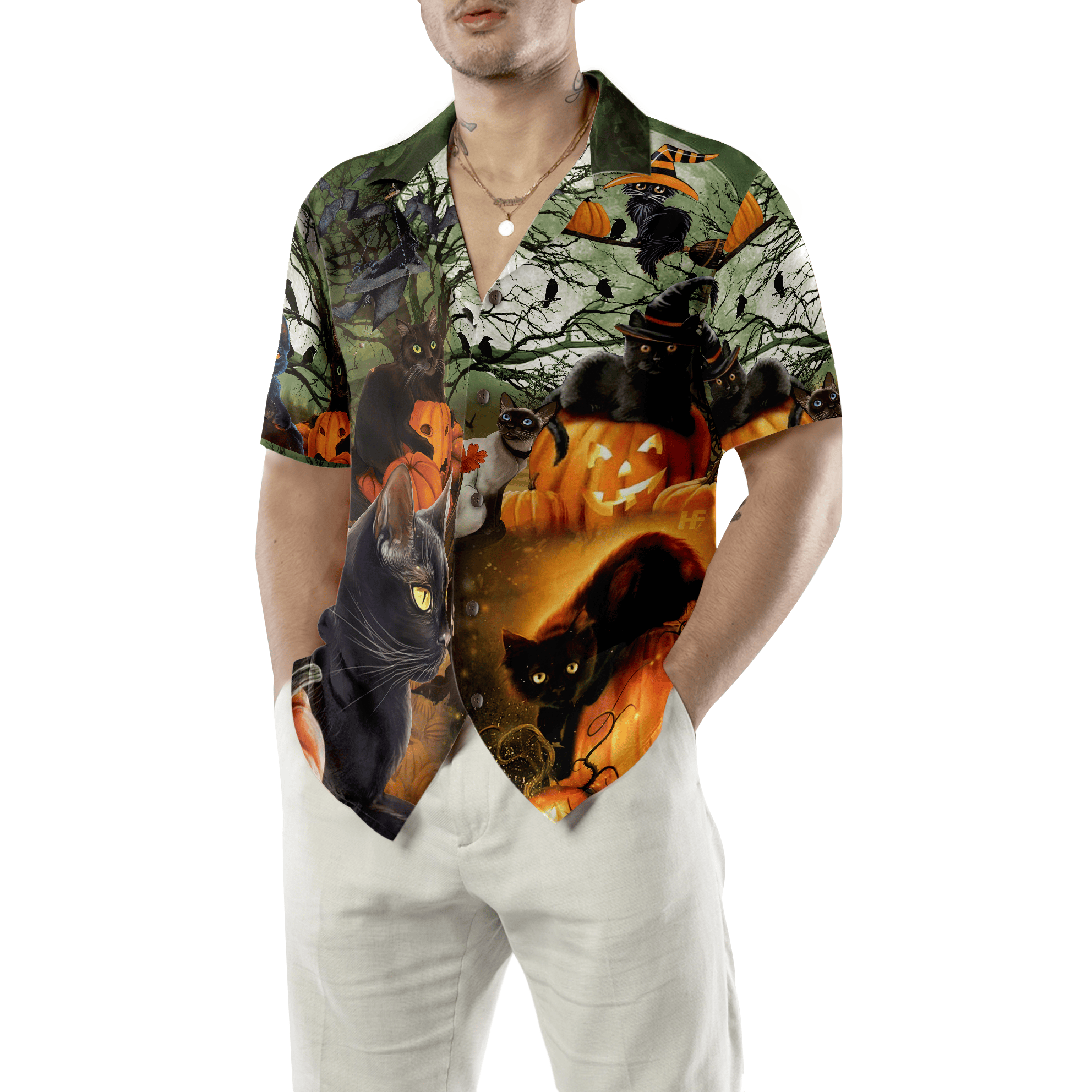 Black Cat & The Pumpkin Halloween Hawaiian Shirt, Halloween Shirt For Men And Women