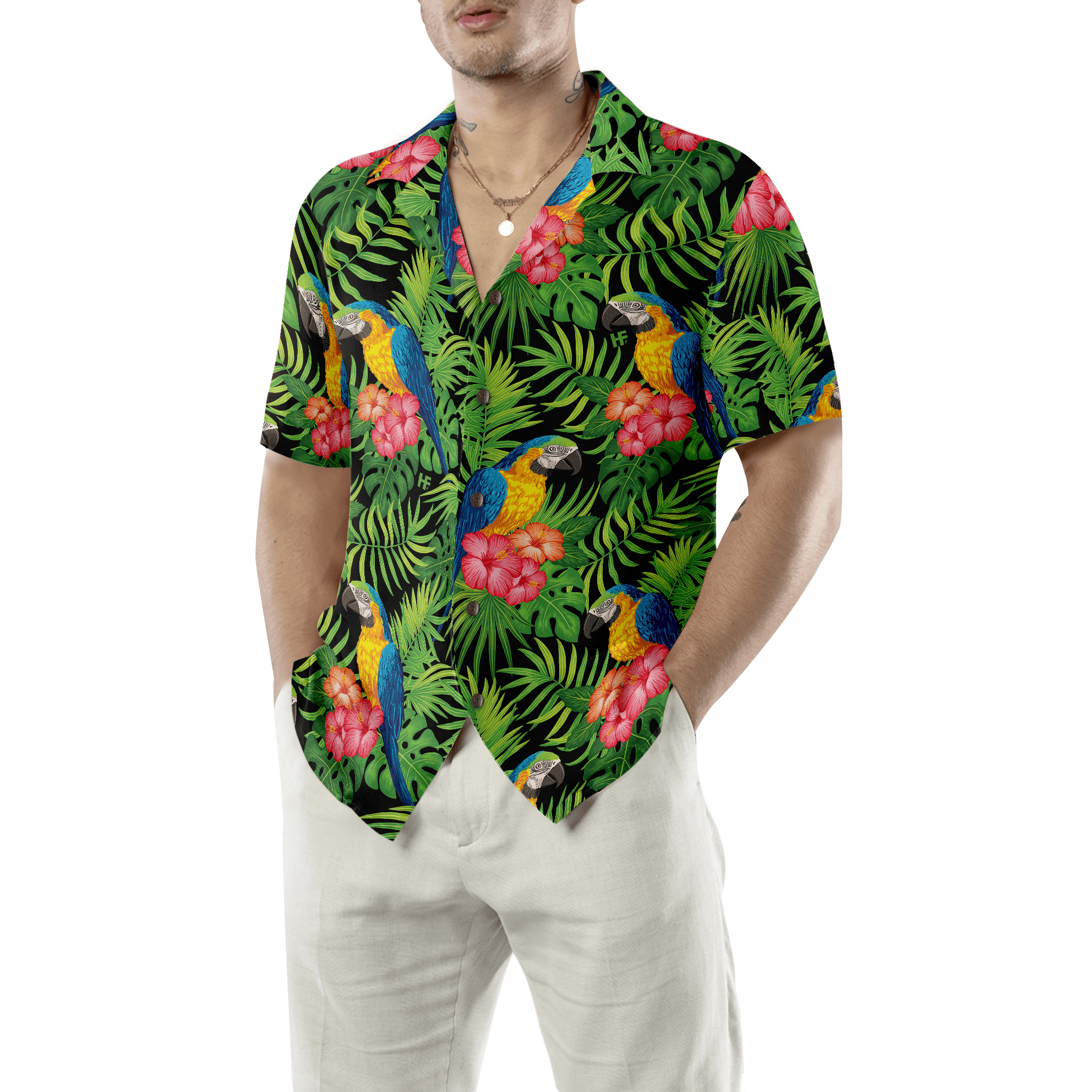 Parrots Hibiscus And Palm Leaves Hawaiian Shirt