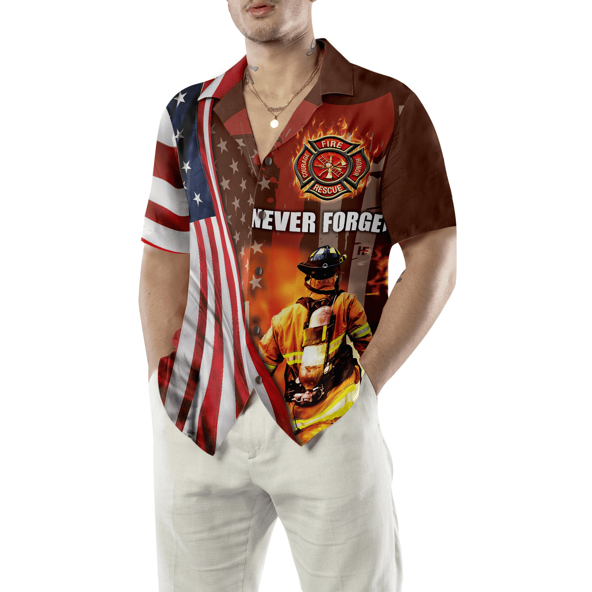Never Forget Retired Firefighter American Flag Hawaiian Shirt, Red Axe And Logo Proud Firefighter Shirt For Men
