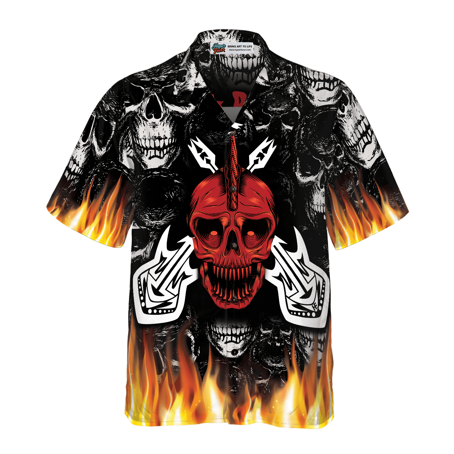 Punk Rock Never Dies Gothic Hawaiian Shirt, Flame Electric Guitar Crossbones And Skull Hawaiian Shirt