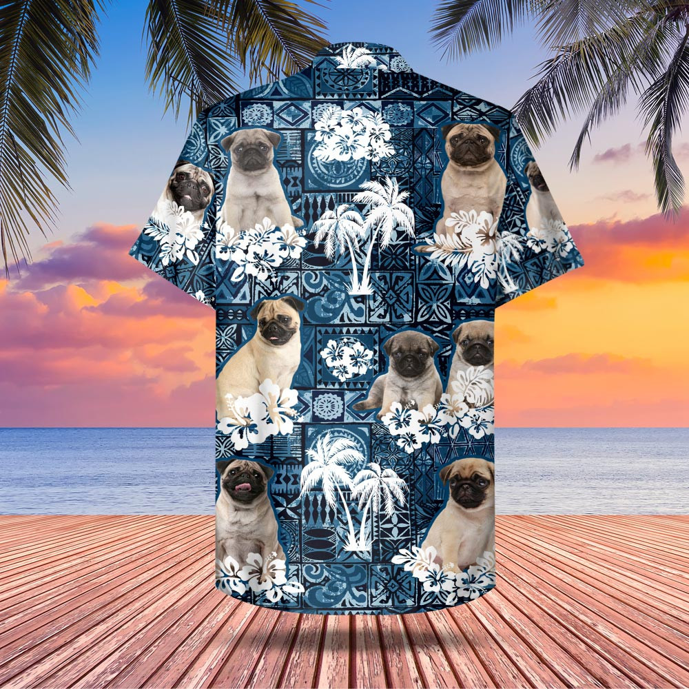 Pug Palm Tree Flower Pattern Hawaiian Shirt Style Blue, Gift For Pug Lovers, Funny Dog Hawaiian Shirt, Gift For Pug Mom, Pug Dad