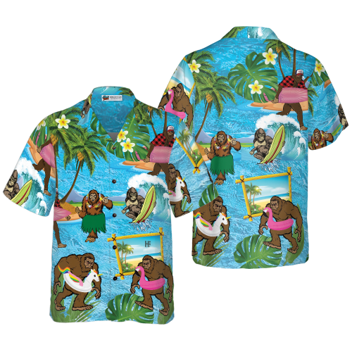 Bigfoot On The Beach Bigfoot Hawaiian Shirt, Tropical Aloha Wave Surfing Bigfoot Shirt For Men -PersonalizedFury