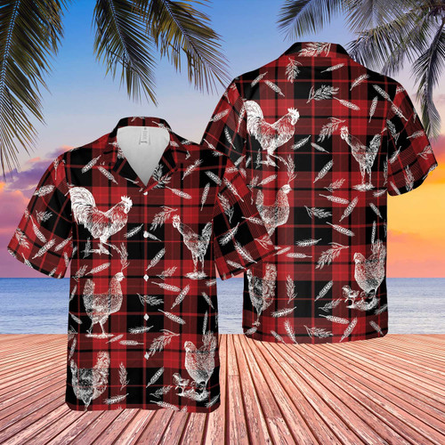 Plaid Pattern Chicken All Over Printed 3D Hawaiian Shirt -PersonalizedFury