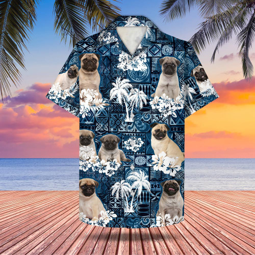 Pug Palm Tree Flower Pattern Hawaiian Shirt Style Blue, Gift For Pug Lovers, Funny Dog Hawaiian Shirt, Gift For Pug Mom, Pug Dad