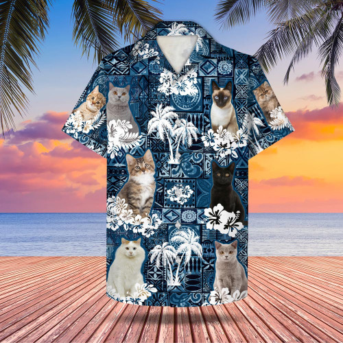 Cat Breeds Palm Tree Flower Pattern 3D Hawaiian Shirt, Aloha Beach Shirt For Cat Lovers, Gift For Cat Mom, Cat Dad