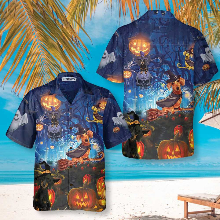 Dog The Witch For Halloween Hawaiian Shirt, Funny Dachshund Wich Halloween Shirt For Men And Women