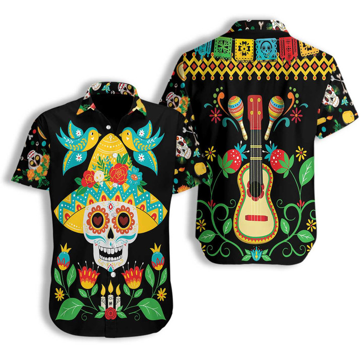 Day Of Dead Sugar Skull And Guitar Hawaiian Shirt, Funny Mexican Skull Halloween Shirt, Best Halloween Gift
