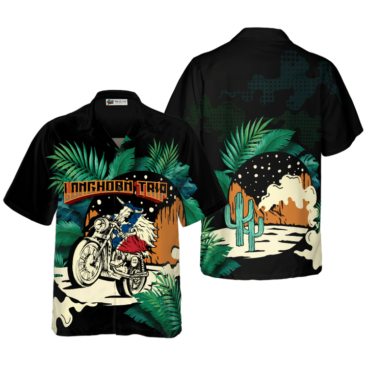 Longhorn Trip Texas Hawaiian Shirt For Men, Skull Motocycle VIntage Shirt, Proud Texas Shirt For Texans