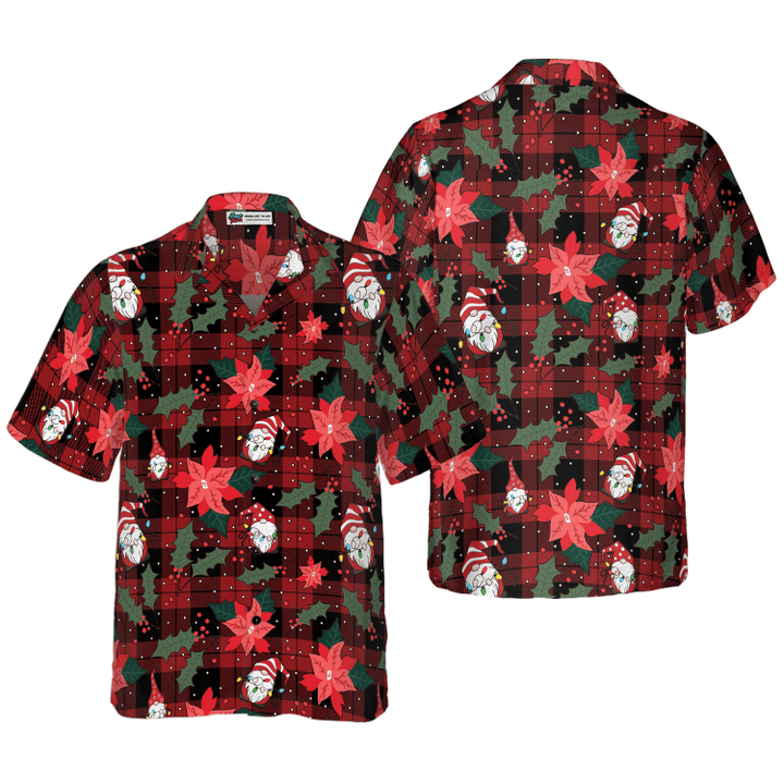 Hyperfavor Christmas Hawaiian Shirts, Gnomes With Red Plaid Pattern Shirt Short Sleeve, Christmas Shirt Idea Gift For Men And Women