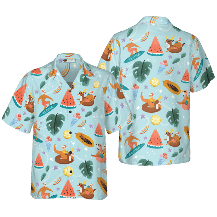 Hyperfavor Santa Beach 2 Pattern Hawaiian shirt, Christmas Shirts Short Sleeve Button Down Shirt For Men And Women