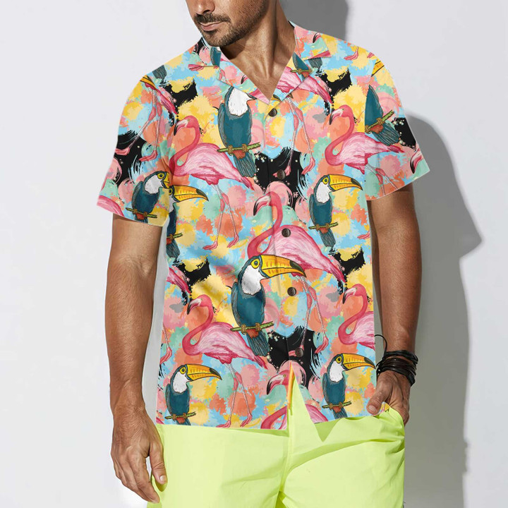 Toucans And Flamingos Exotic Floral Hawaiian Shirt, Tropical Toucan Shirt For Adults, Cool Toucan Print Shirt