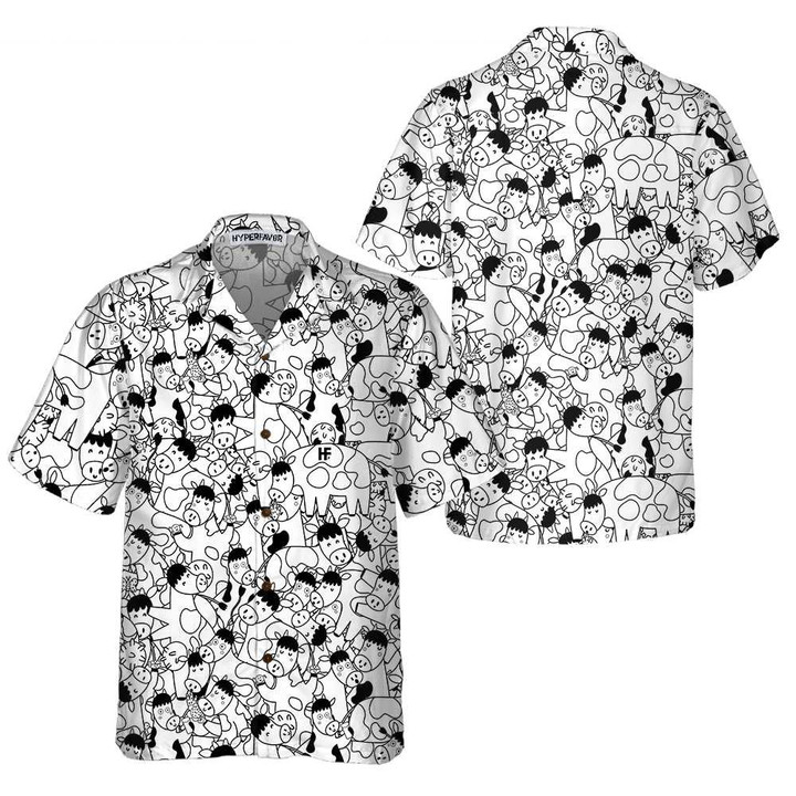 Funny Cow Doodle Pattern Hawaiian Shirt, Cow Shirt For Men & Women, Funny Cow Print Shirt