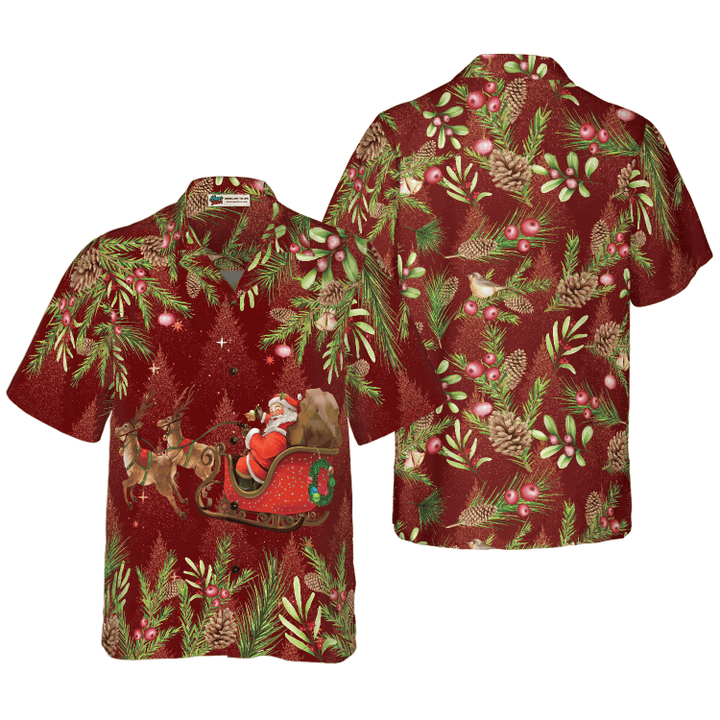 Hyperfavor Santa Santa Riding Sleigh 2 Pattern Hawaiian shirt, Christmas Shirts Short Sleeve Button Down Shirt For Men And Women