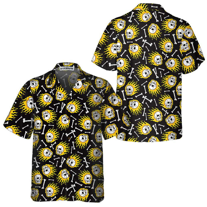 Flaming Skull Pattern Hawaiian Shirt, Unique Flame Shirt For Men, Flame Print Shirt