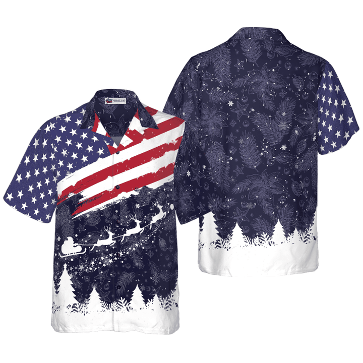 Hyperfavor Christmas Hawaiian Shirts, Merry Christmas USA Flag Pattern Shirt Short Sleeve, Christmas Shirt Idea Gift For Men And Women