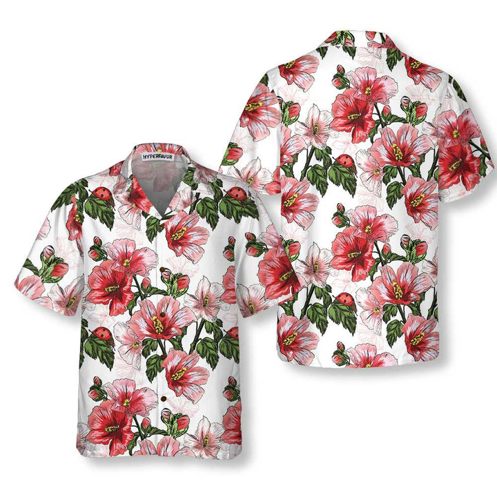 Hibiscus With Ladybug Seamless Pattern Hawaiian Shirt, Short Sleeve Red Hibiscus Shirt