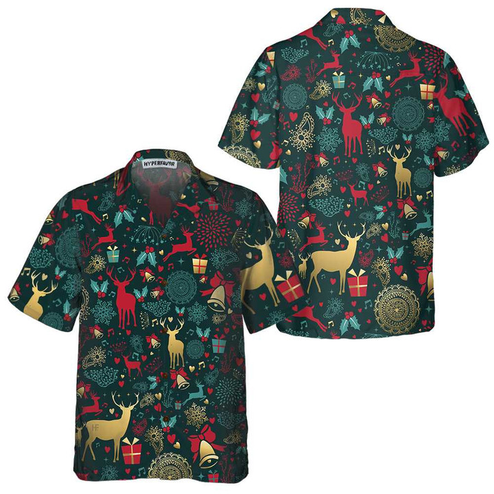 Christmas Golden Deer Pattern Hawaiian Shirt, Christmas Reindeer Shirt, Best Xmas Gift Idea