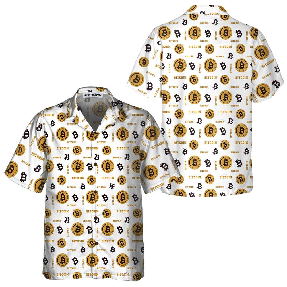 Bitcoin Seamless Pattern In White Background Hawaiian Shirt, Funny Bitcoin Shirt For Men & Women