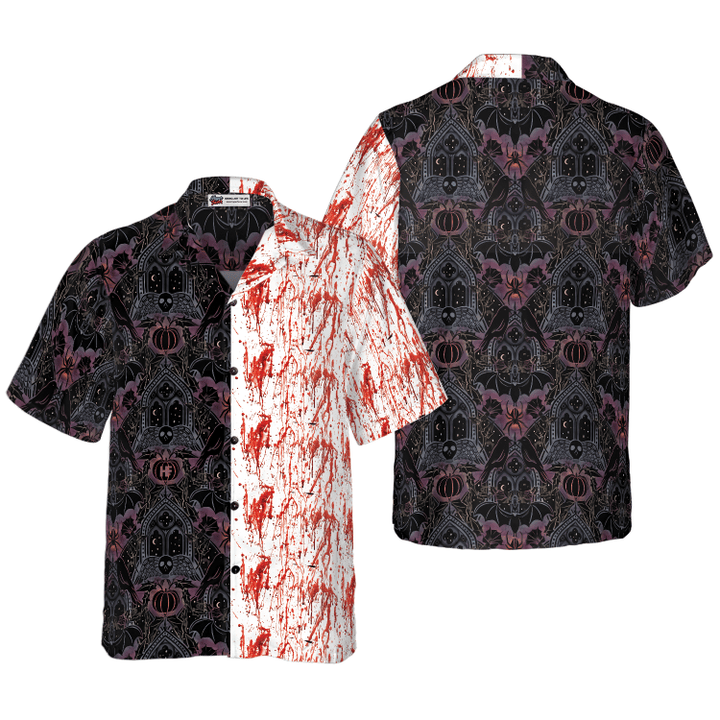 Gothic Halloween Blood Hawaiian Shirt For Men, Satanic Bat And Spider Goth Hawaiian Shirt