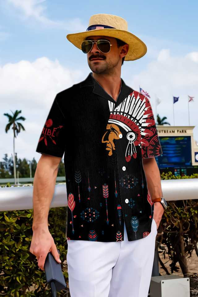 Native American Indian Tribal Chief with Headdress Hawaiian Shirt, Seamless Colorful Ethnic Pattern Shirt