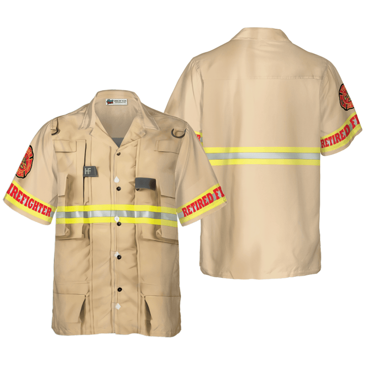 Proud Retired Firefighter Hawaiian Shirt, Cream Life Vest Work Uniform Fire Dept Logo Firefighter Shirt For Men