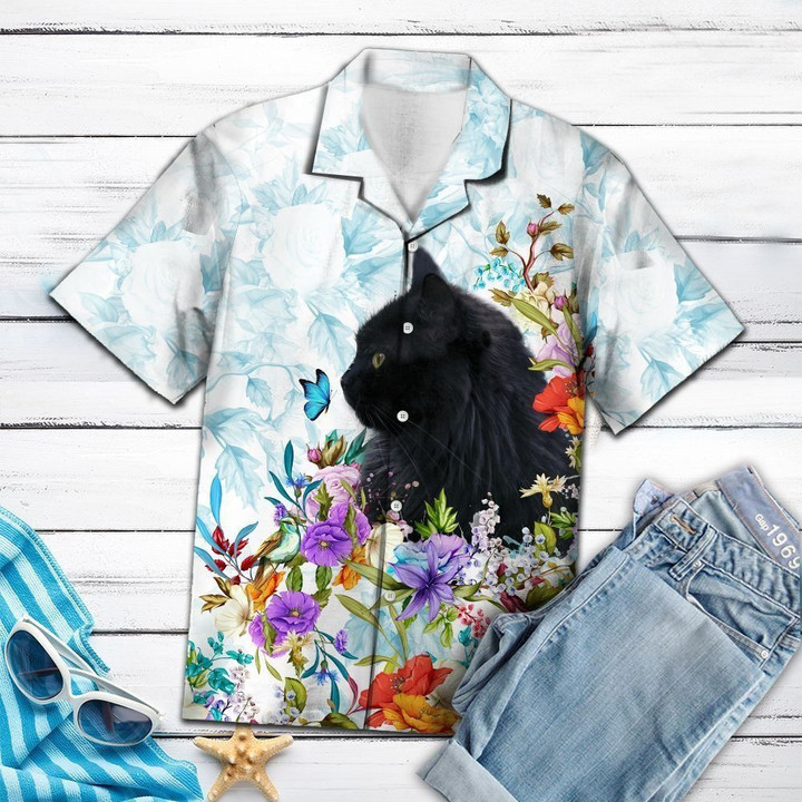 Black Cat Floral Multicolor Nice Hawaiian Shirt | HW1338