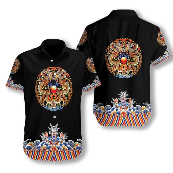 Symmetrical Chinoiserie Dragon Black Hawaiian Shirt | HW1384