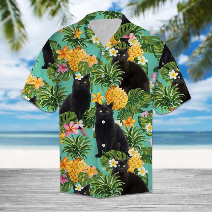 Tropical Pineapple Black Cat Hawaiian Shirt | HW1355