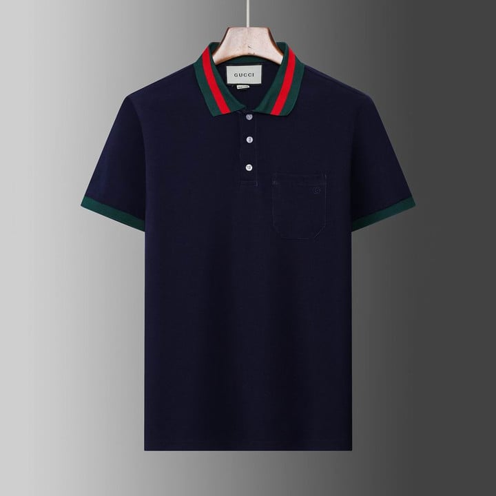 Gucci GG Cotton Polo Shirt With Web Collar In Navy - Ou Gold