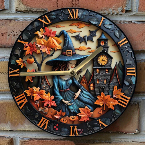 Wall Clock Kit 2D High-Definition Aluminum with Witch and Halloween Theme For Girls - Seasonal Office & Home Decor with Clock Movement
