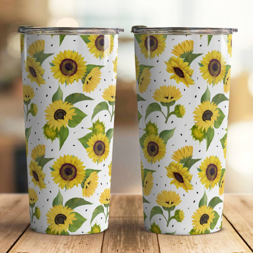 Color Chewing Sunflower Mug and Sunflower Tumbler with eye catching sunflower design.