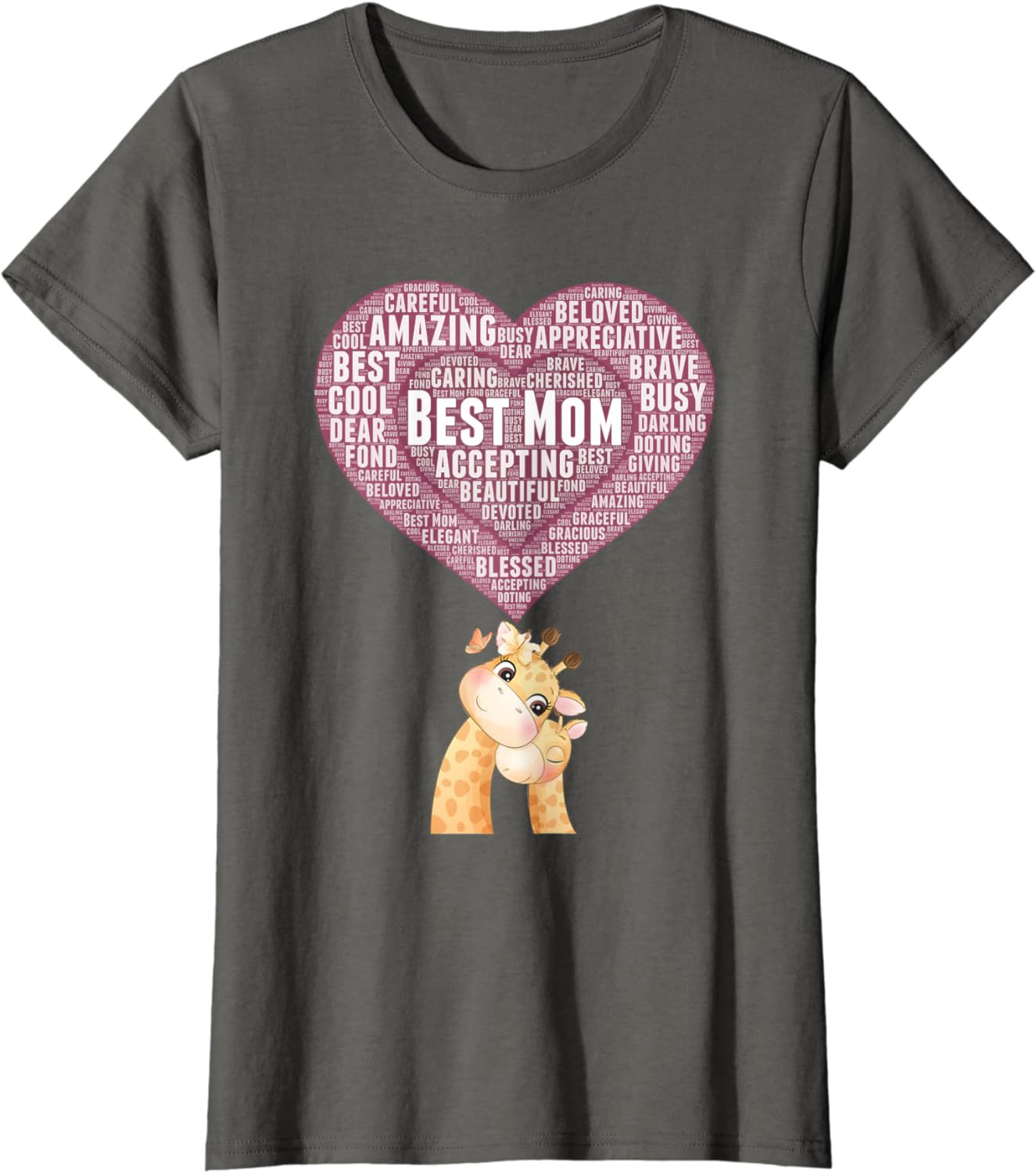 Womens Best Mom Mama Giraffe Baby Giraffe Snugging Heart Wordle T-Shirt
