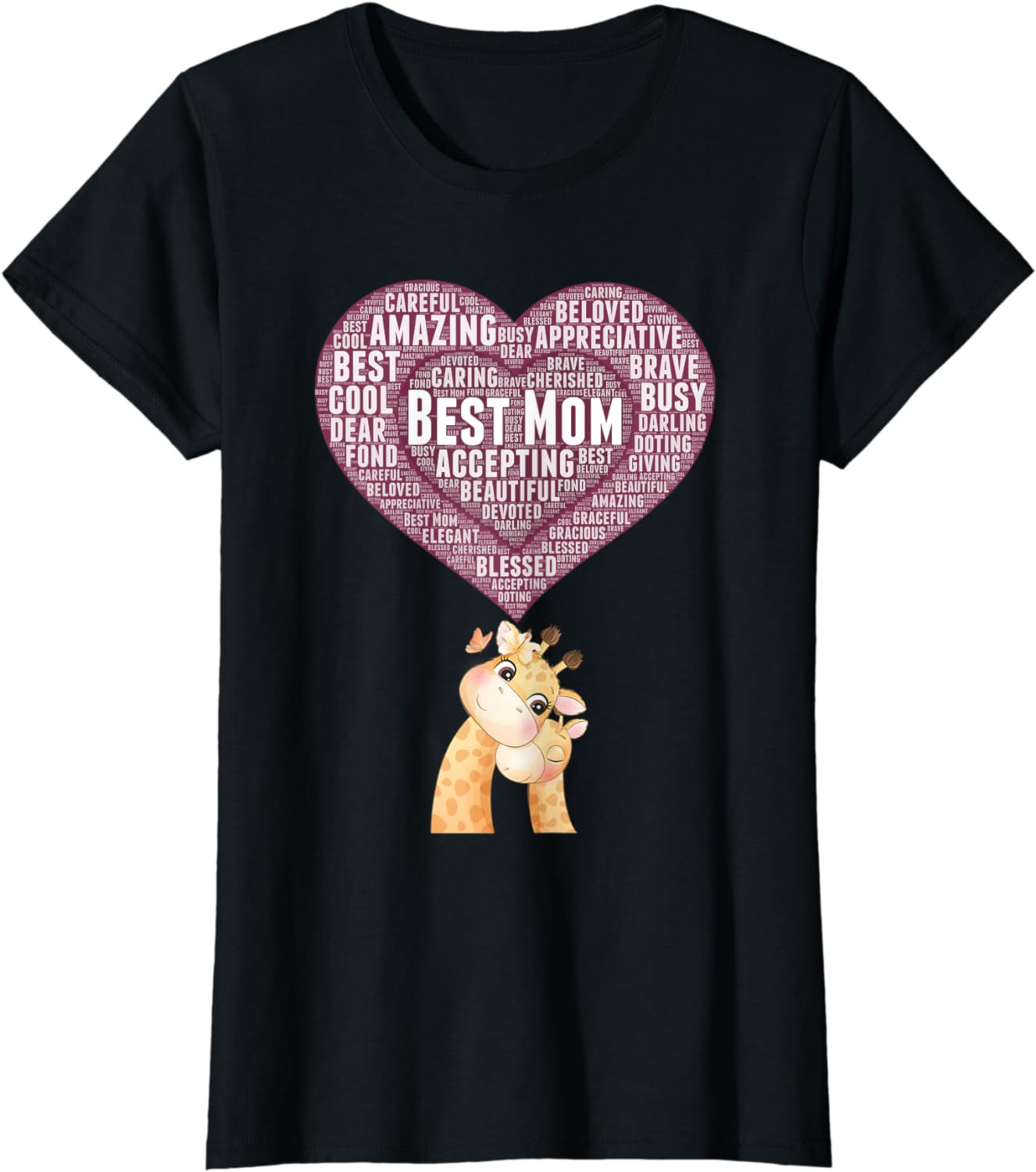 Womens Best Mom Mama Giraffe Baby Giraffe Snugging Heart Wordle T-Shirt