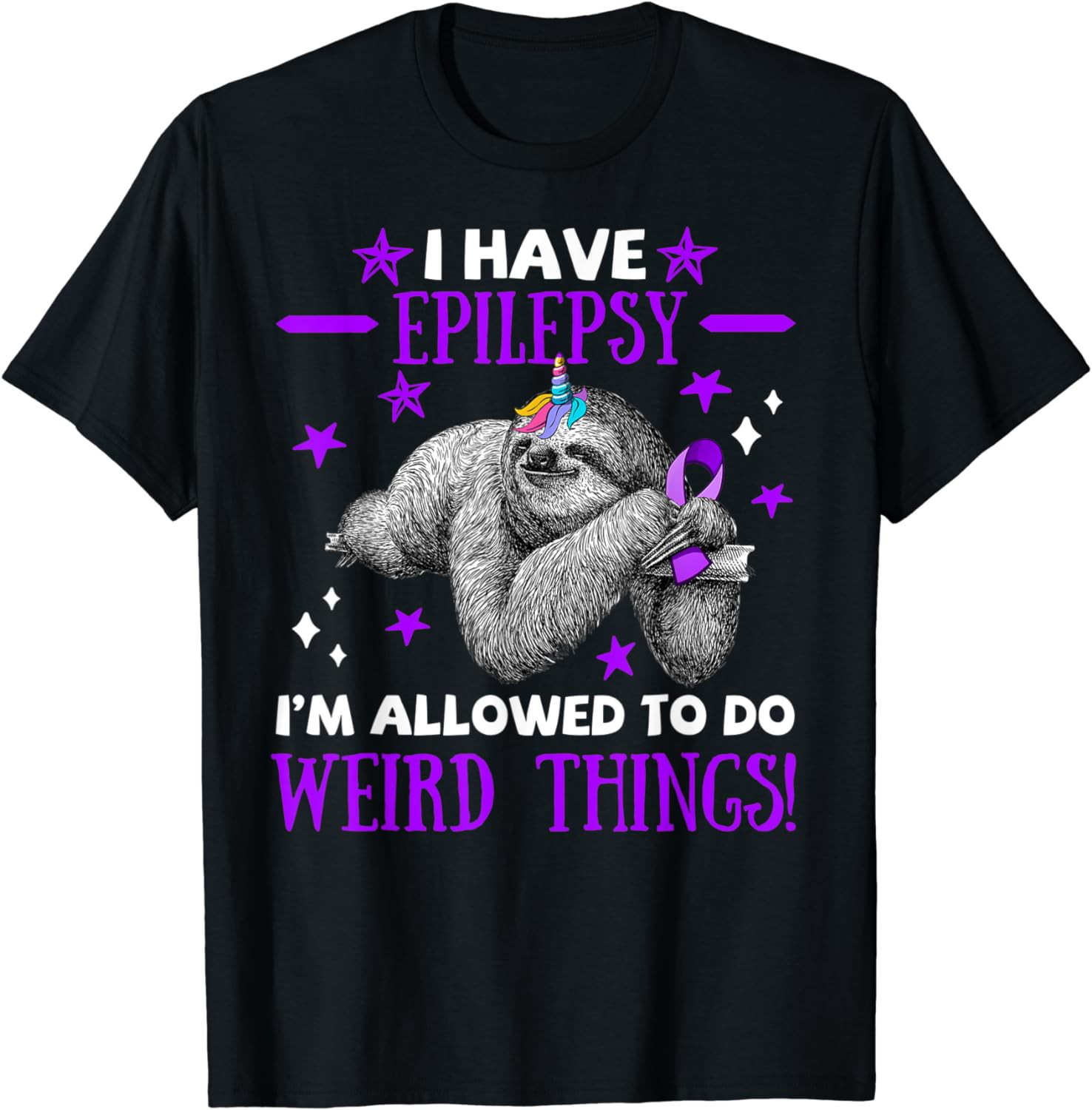 Sloth Unicorn Epilepsy Warrior Holding Purple Ribbon T-Shirt
