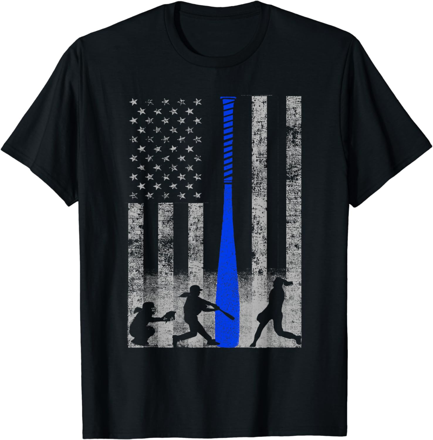 Softball American Flag - Blue Bat And Softball Players Flag T-Shirt