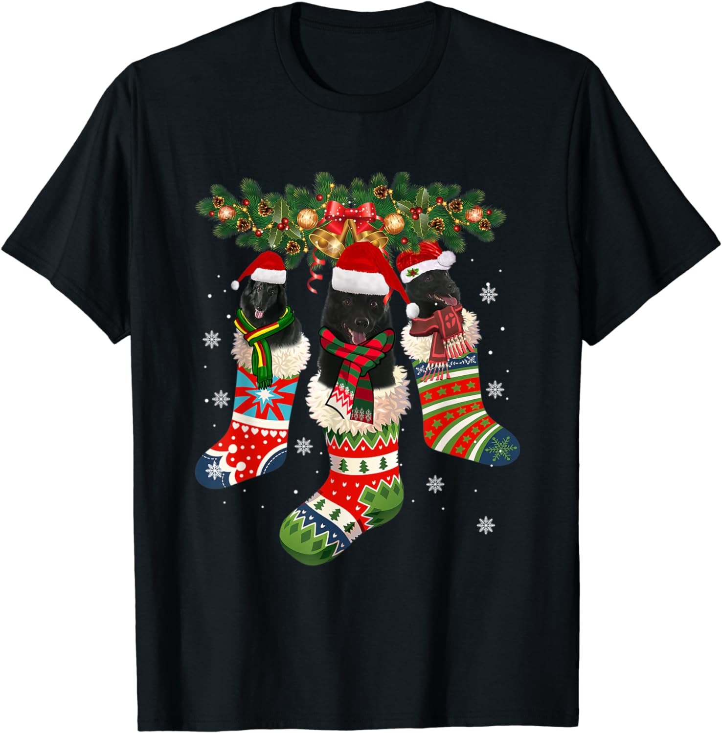 Three Schipperke In Sock Christmas Santa X-Mas Dog T-Shirt