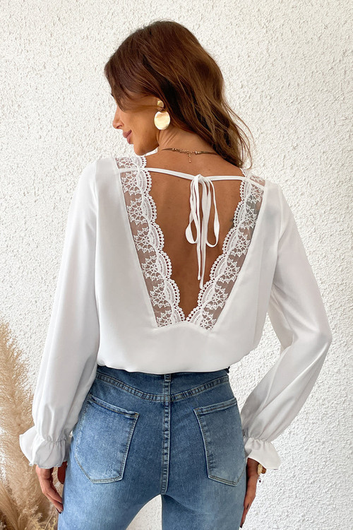 Long Sleeve Lace Trims Backless Tops