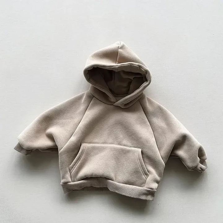 2023 Winter Fleece Solid Hoodies Baby Boys Casual Loose Pocket All-match Hooded Top Girls Simple Thick Pullover Cotton Clothes